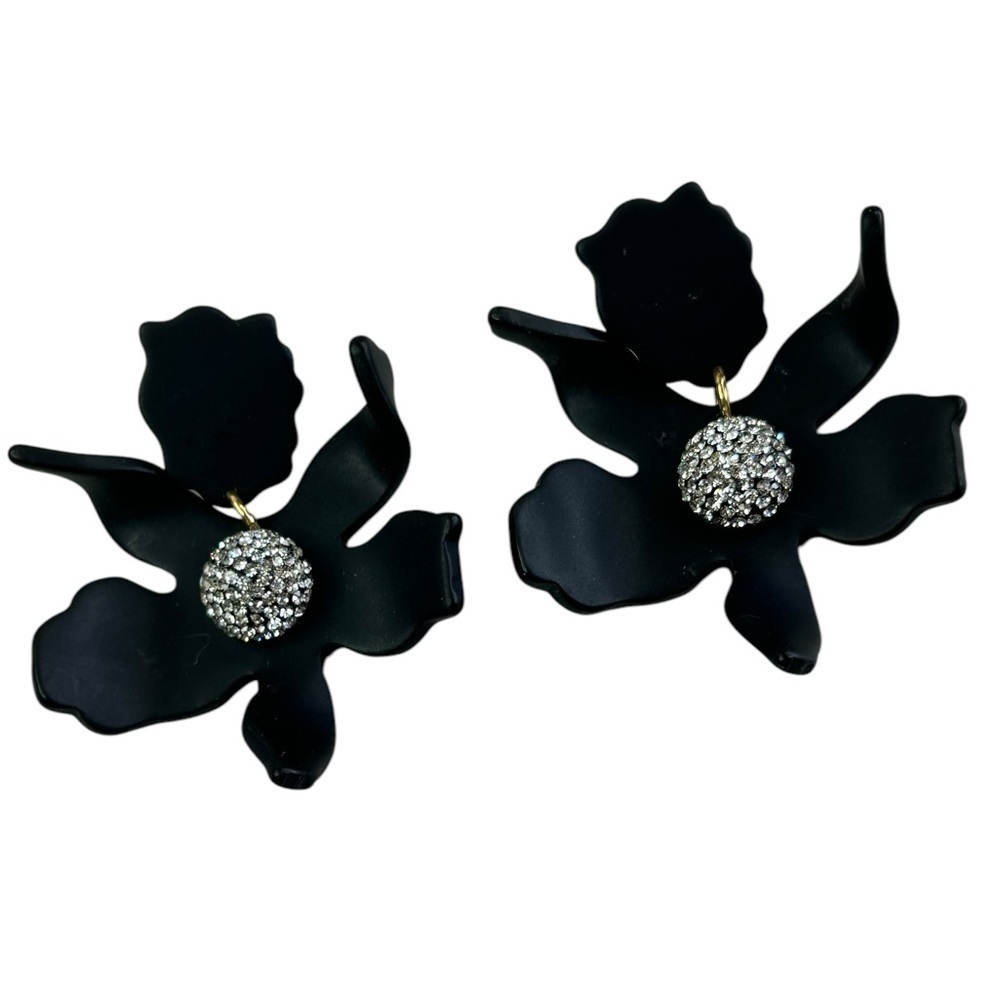 Lele Sadoughi Jet Crystal Lily Earrings Black Pierced Post Signed